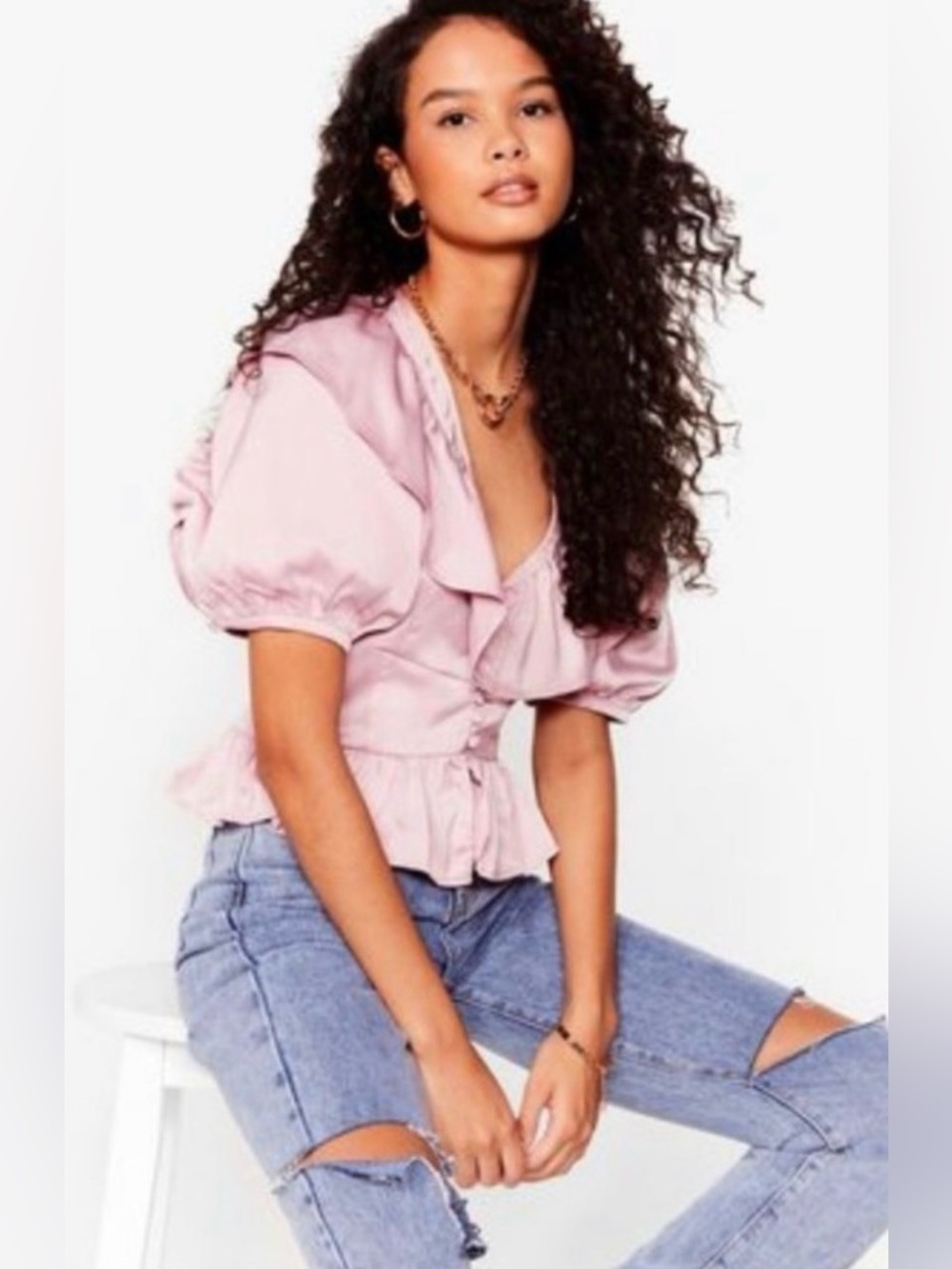NWT Nasty Gal Pink Satin Puff Sleeve Ruffle Blouse 6 / Small